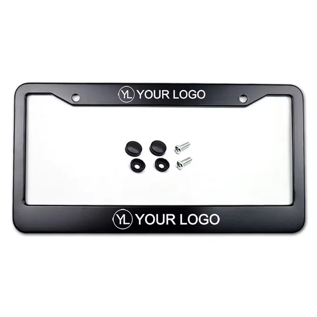 Matte black aluminum custom logo license plate frame with hardware