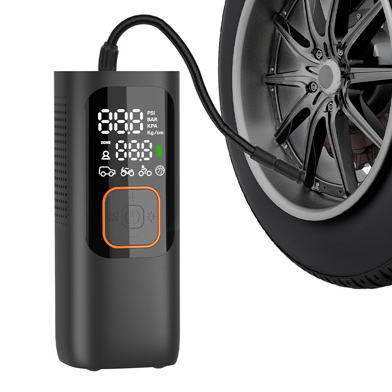 Cylindrical Cordless Tire Inflator with Orange Accent Button