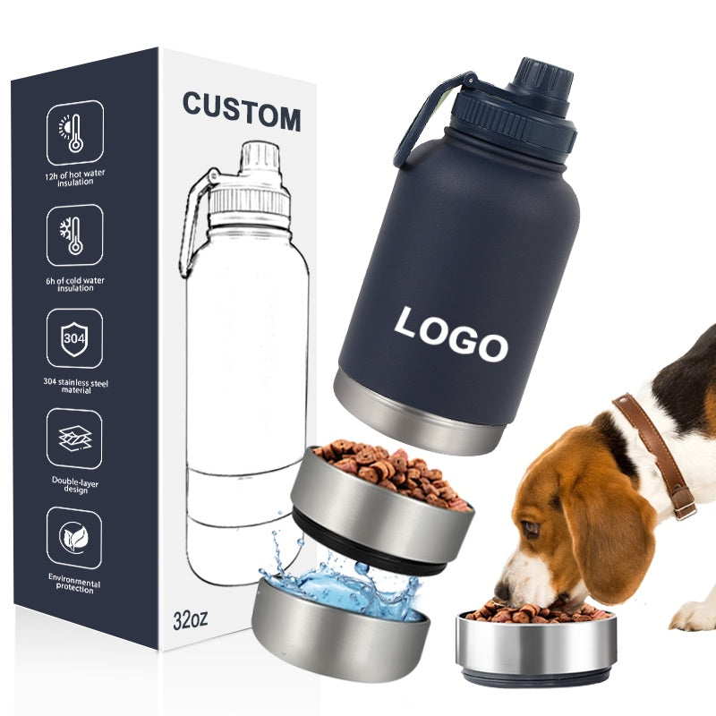 32oz 3-in-1 Custom Logo Dog Travel Bottle with Detachable Food and Water Bowls