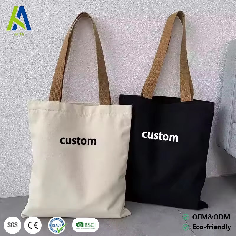 Custom logo canvas tote bag in natural and black