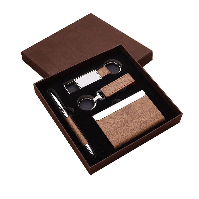 Walnut Wood and Leather 3-Piece Gift Set with Pen Keychain and Business Card Holder