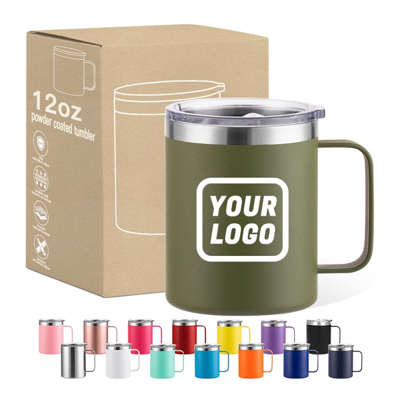 12oz Powder-Coated Coffee Mug with Handle and Lid