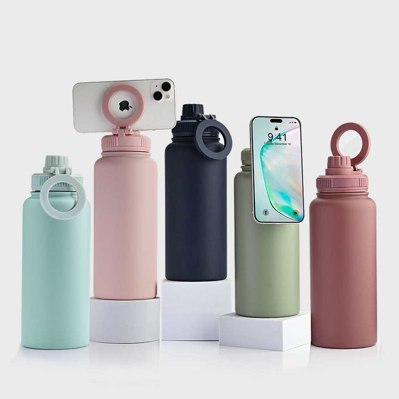 Wide-Mouth Insulated Water Bottle with Phone Holder Lid in Multiple Colors