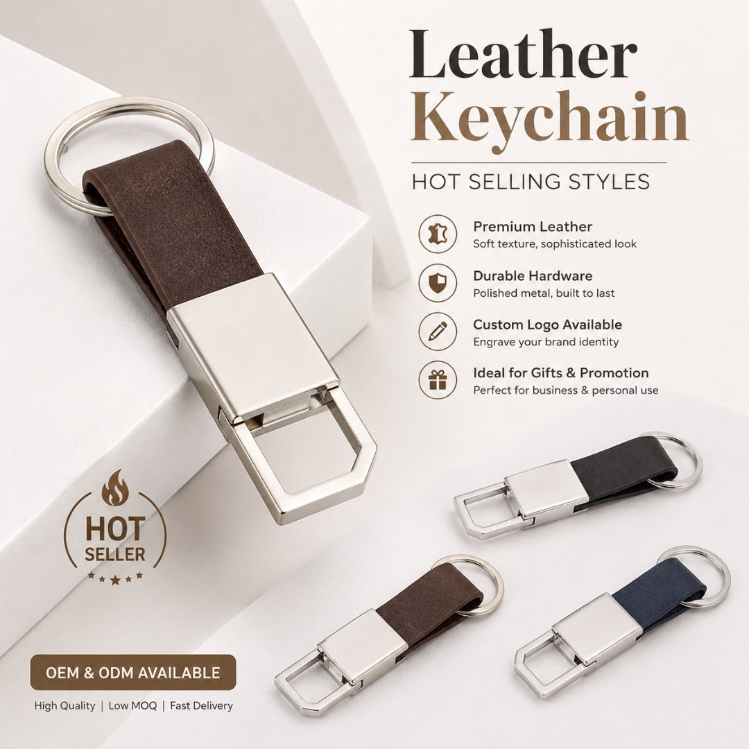 Leather Strap Keychain with Polished Silver Buckle Connector