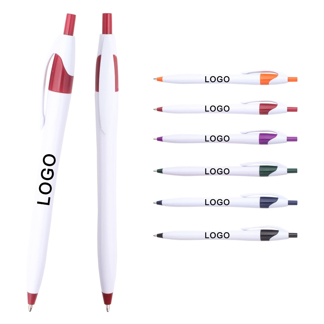 White Retractable Logo Ballpoint Pen with Color Accent in Multiple Colors