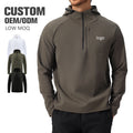 Custom logo quarter-zip performance hoodie in olive, white, and black