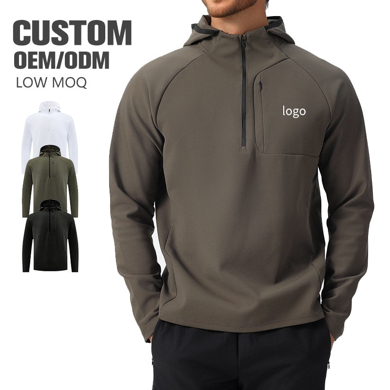Custom logo quarter-zip performance hoodie in olive, white, and black