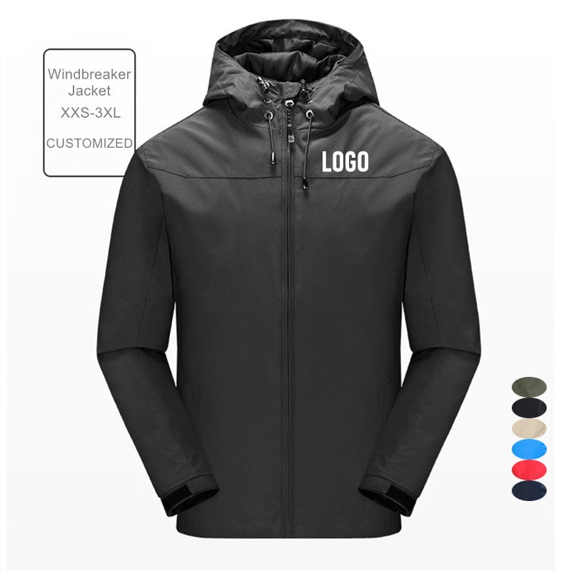 Custom logo hooded windbreaker jacket in black, multiple colors available