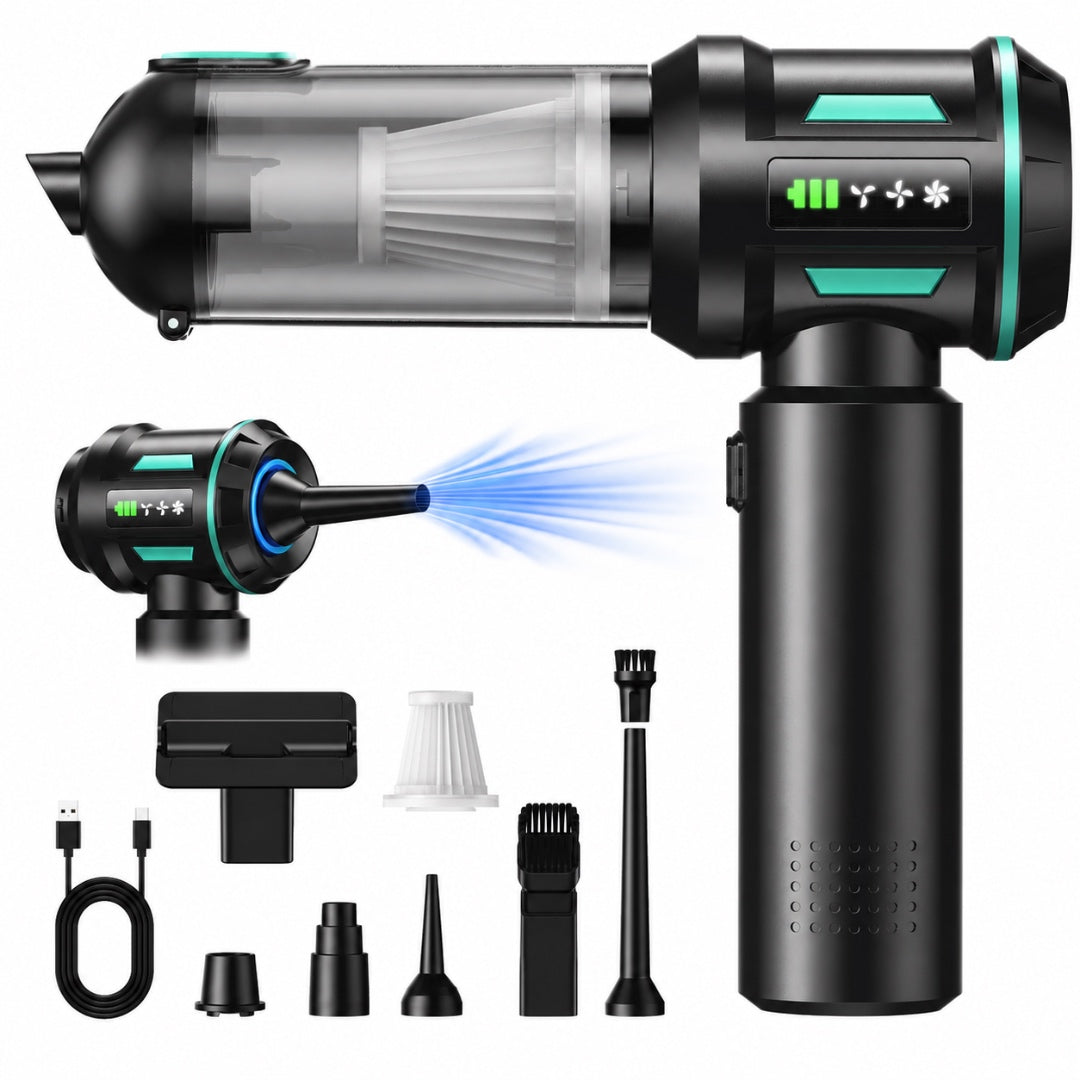 3-in-1 cordless car vacuum blower with LCD display and teal accent