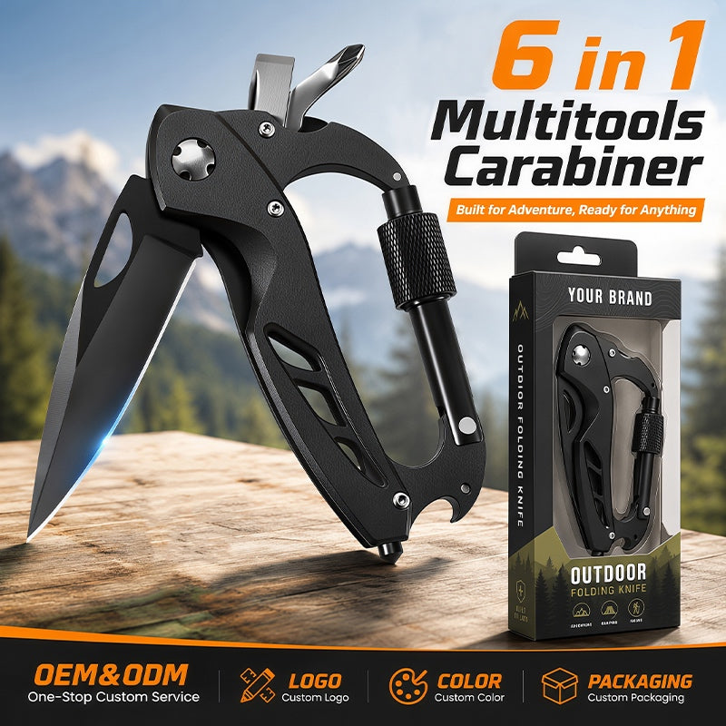 6-in-1 multitool carabiner folding knife with custom branding
